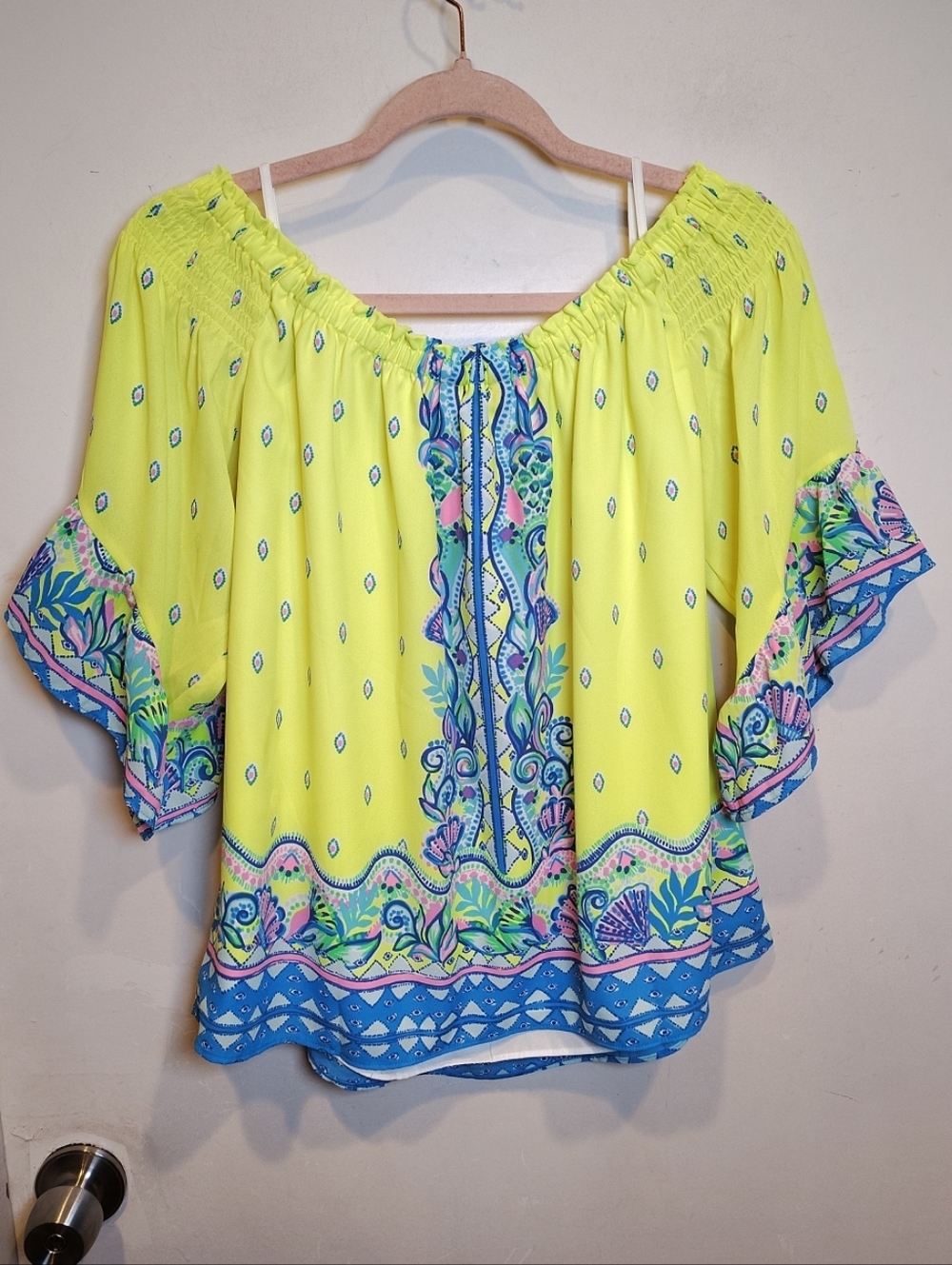 Lilly Pulitzer Fawna engineered  Riviera Yellow Blue Pink Off-Shoulder Blouse